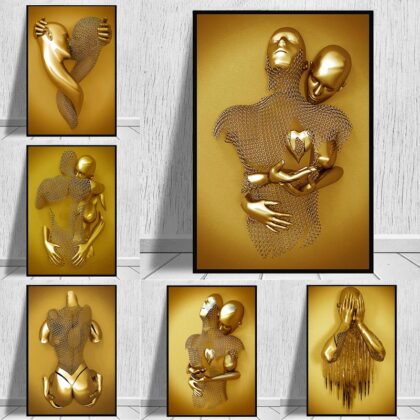 Golden Metal Figure Statue Art Canvas Painting